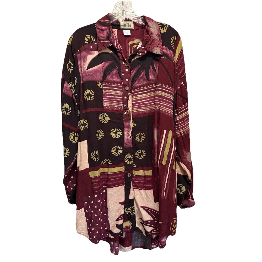 Bella Burgundy/Black Button Down Long Sleeve‎ Shirt Dress Size 1X High/low